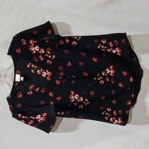 A New Day, Black, Red, Floral Top, Cap Sleeve, V-neck, Flowy, Lightweight